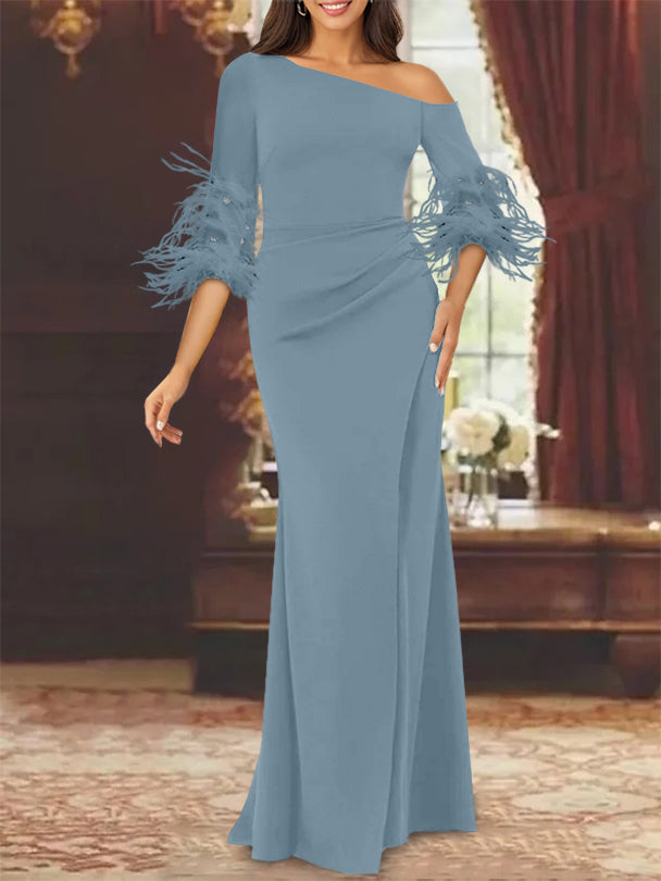 Trumpet/Mermaid Mother Of The Bride Feather Dresses with One Shoulder Long Sleeves Chiffon