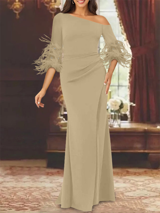 Trumpet/Mermaid Mother Of The Bride Feather Dresses with One Shoulder Long Sleeves Chiffon