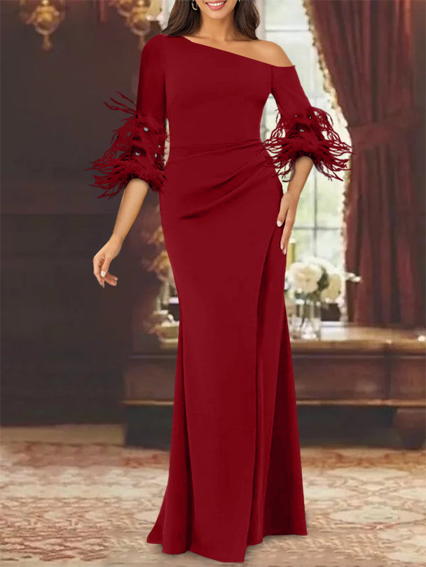 Trumpet/Mermaid Mother Of The Bride Feather Dresses with One Shoulder Long Sleeves Chiffon Wine Red