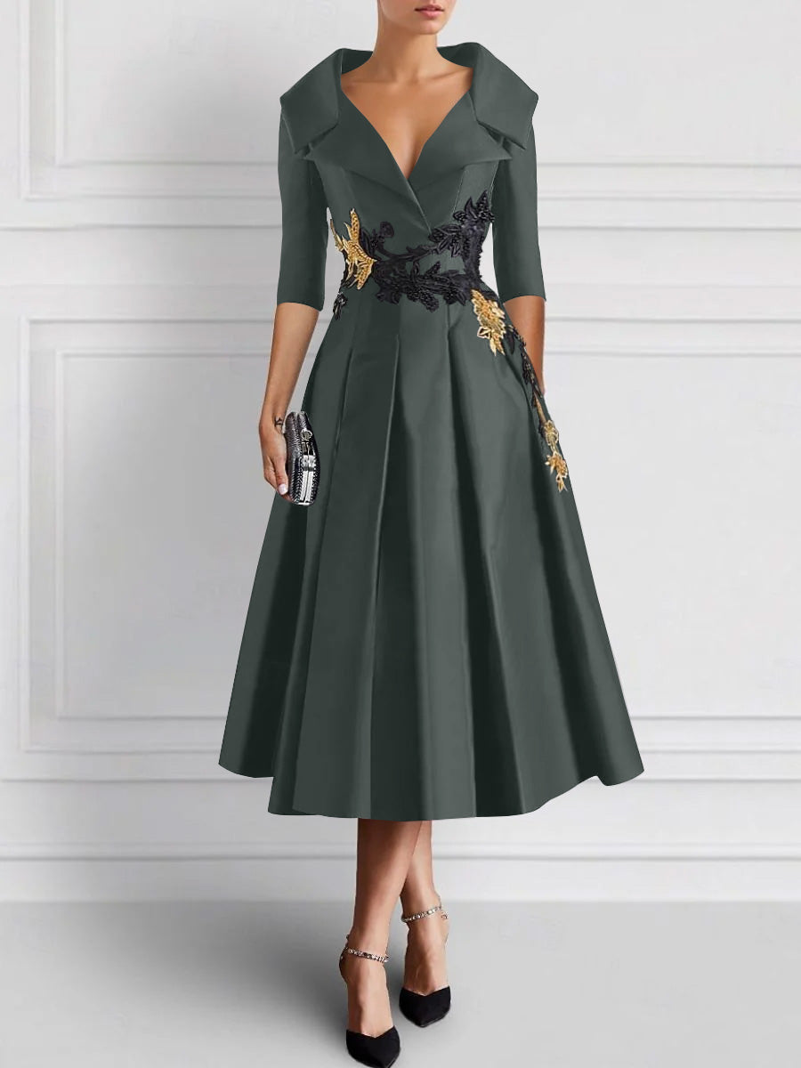 A-Line/Princess V-Neck Tea-Length Elegant Mother of the Bride Dresses with Appliques Charcoal Gray A-Line/Princess V-Neck Tea-Length Elegant Mother of the Bride Dresses with Appliques Charcoal Gray