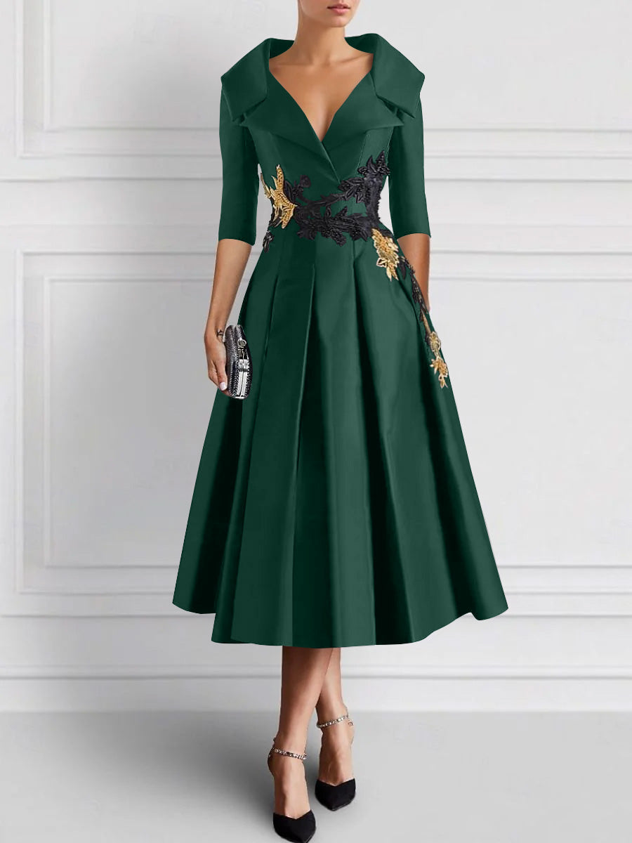 A-Line/Princess V-Neck Tea-Length Elegant Mother of the Bride Dresses with Appliques Dark Green A-Line/Princess V-Neck Tea-Length Elegant Mother of the Bride Dresses with Appliques Dark Green