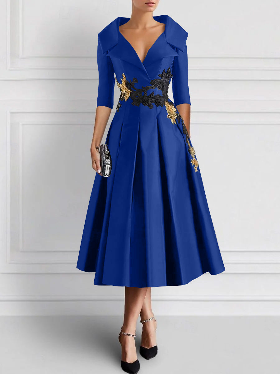 A-Line/Princess V-Neck Tea-Length Elegant Mother of the Bride Dresses with Appliques Dark Royal Blue A-Line/Princess V-Neck Tea-Length Elegant Mother of the Bride Dresses with Appliques Dark Royal Blue