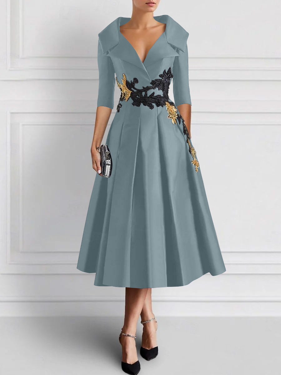 A-Line/Princess V-Neck Tea-Length Elegant Mother of the Bride Dresses with Appliques