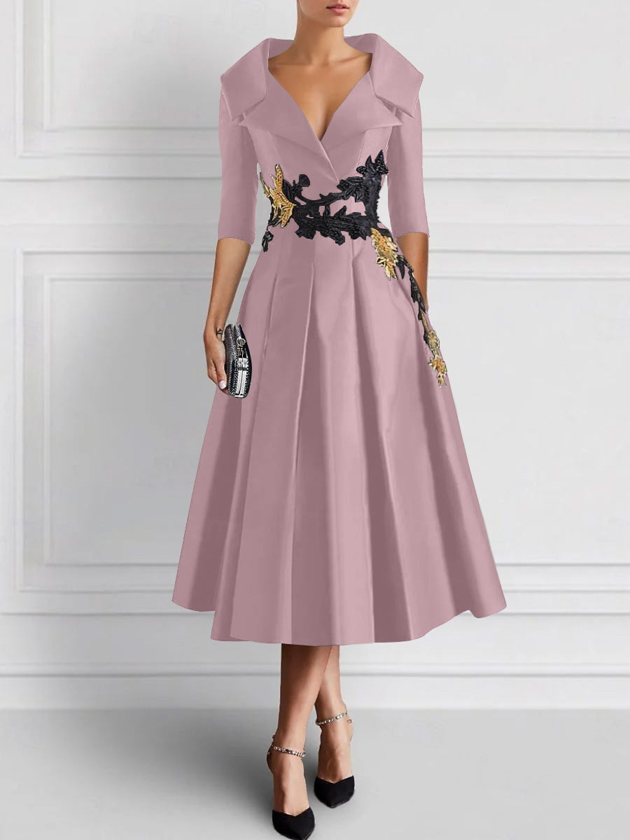 A-Line/Princess V-Neck Tea-Length Elegant Mother of the Bride Dresses with Appliques