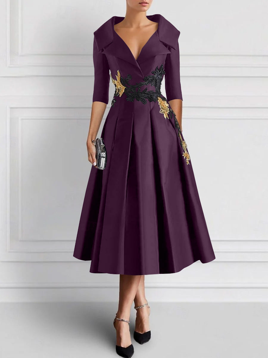 A-Line/Princess V-Neck Tea-Length Elegant Mother of the Bride Dresses - Mondressy A-Line/Princess V-Neck Tea-Length Elegant Mother of the Bride Dresses - Mondressy