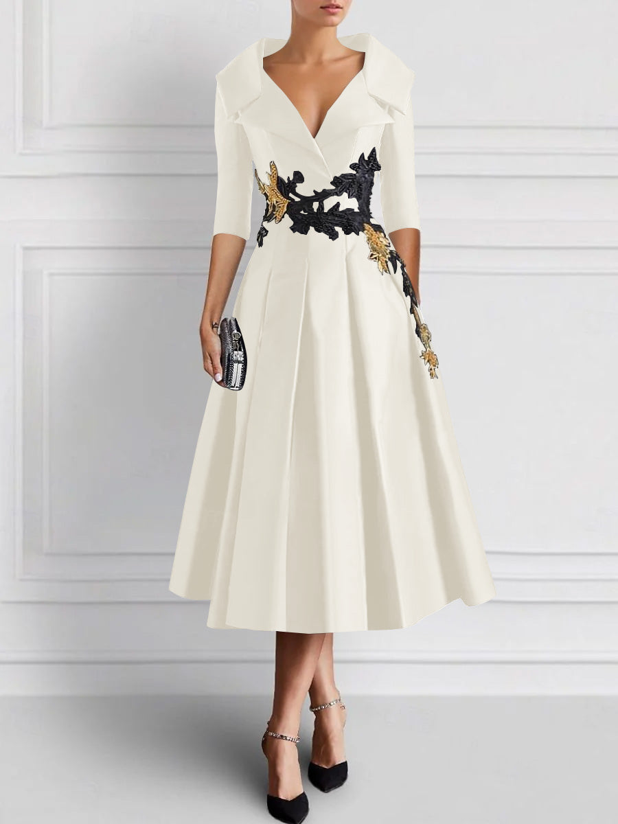 A-Line/Princess V-Neck Tea-Length Elegant Mother of the Bride Dresses with Appliques
