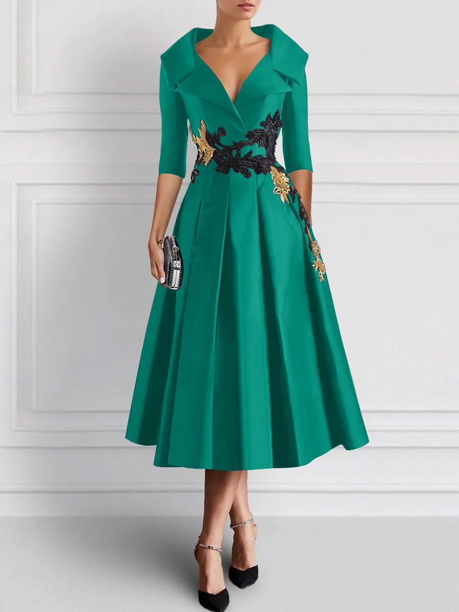 A-Line/Princess V-Neck Tea-Length Elegant Mother of the Bride Dresses with Appliques Jade A-Line/Princess V-Neck Tea-Length Elegant Mother of the Bride Dresses with Appliques Jade