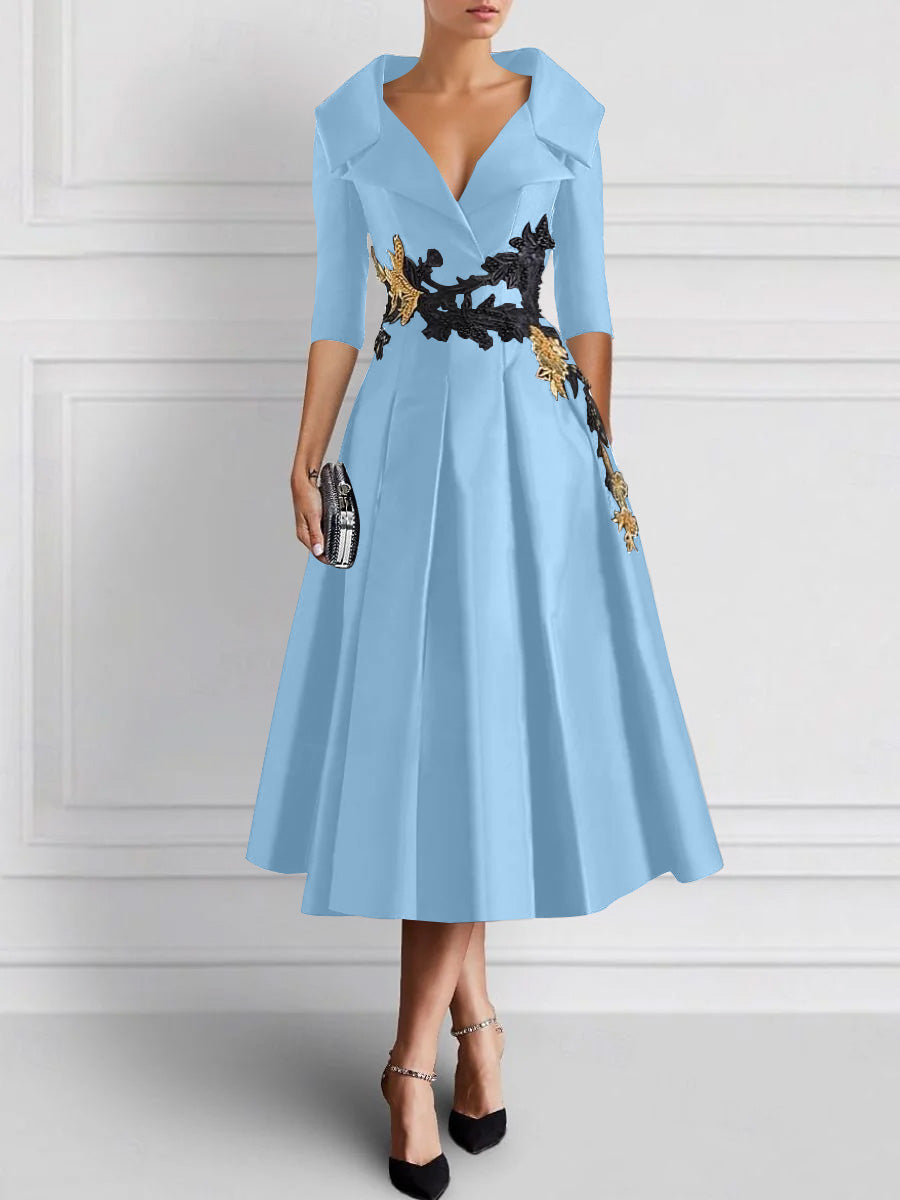 A-Line/Princess V-Neck Tea-Length Elegant Mother of the Bride Dresses with Appliques