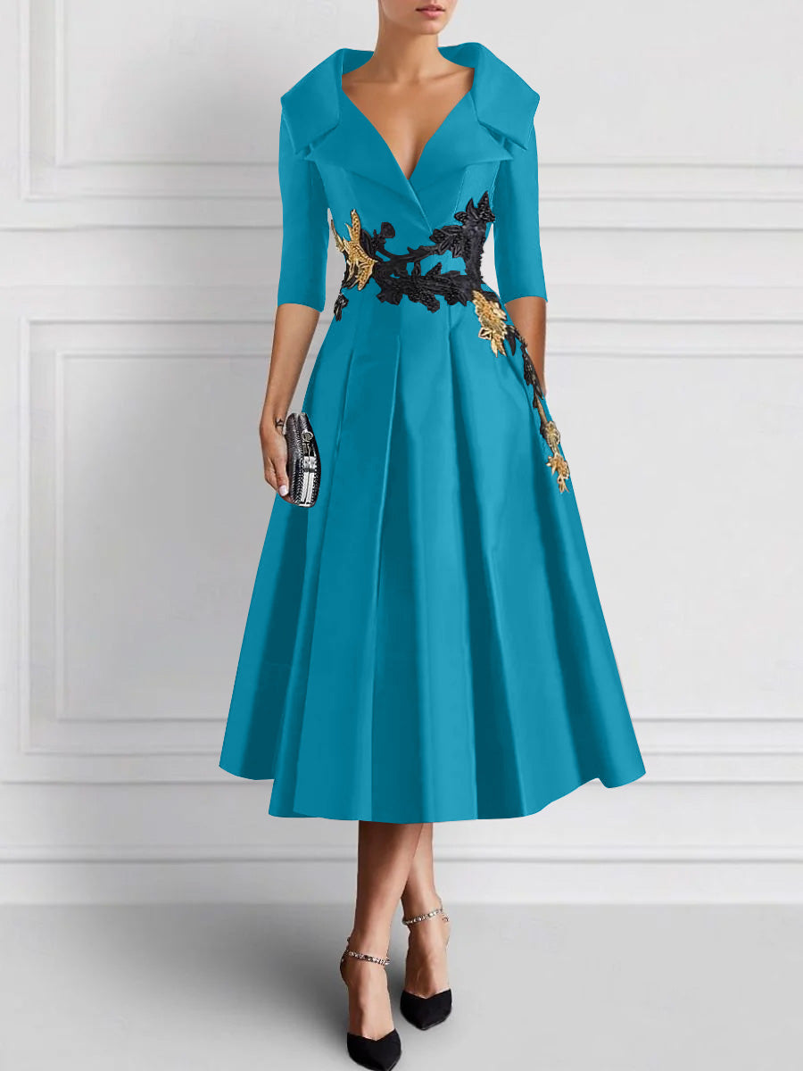 A-Line/Princess V-Neck Tea-Length Elegant Mother of the Bride Dresses with Appliques