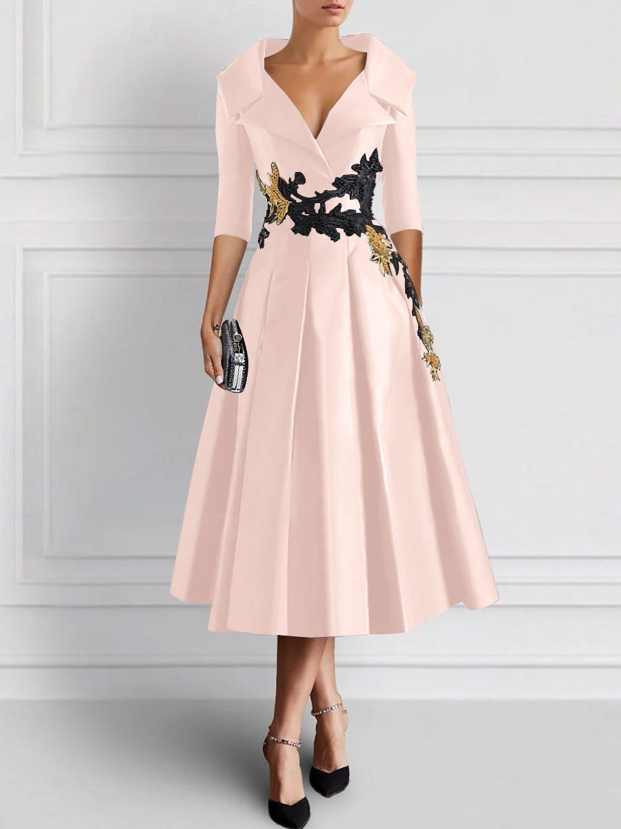 A-Line/Princess V-Neck Tea-Length Elegant Mother of the Bride Dresses with Appliques