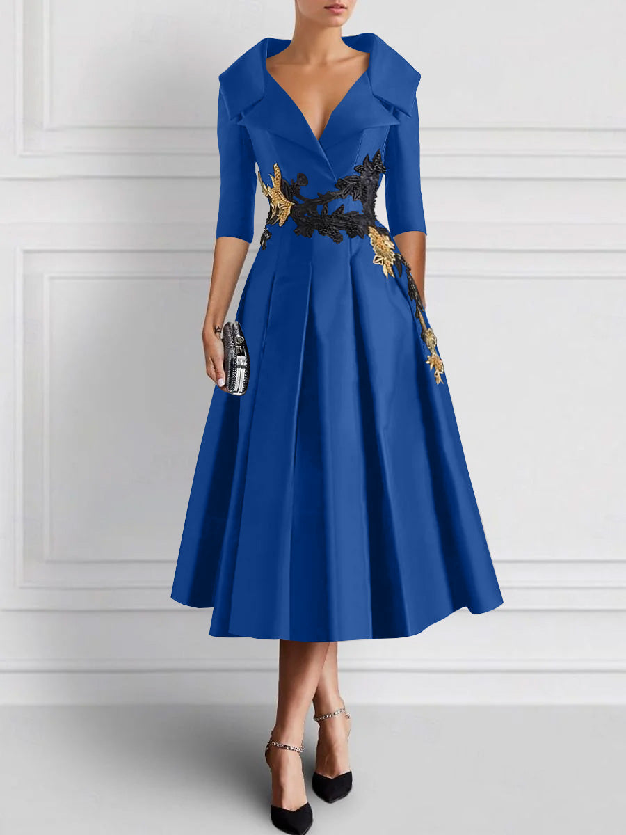 A-Line/Princess V-Neck Tea-Length Elegant Mother of the Bride Dresses with Appliques Royal Blue A-Line/Princess V-Neck Tea-Length Elegant Mother of the Bride Dresses with Appliques Royal Blue