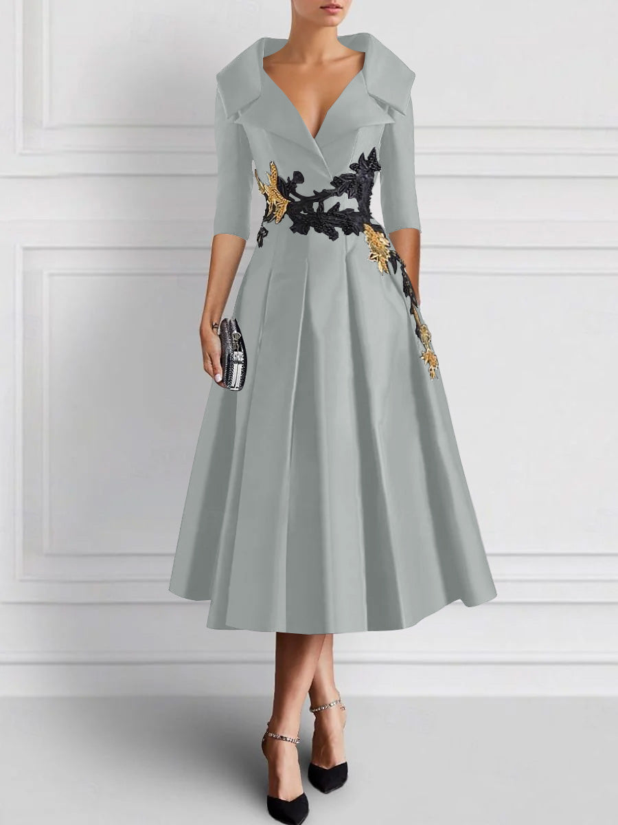 A-Line/Princess V-Neck Tea-Length Elegant Mother of the Bride Dresses with Appliques