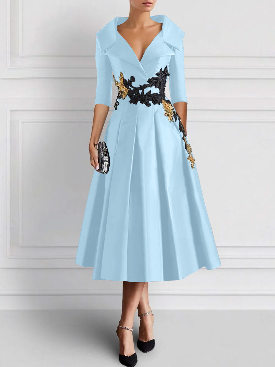 A-Line/Princess V-Neck Tea-Length Elegant Mother of the Bride Dresses with Appliques