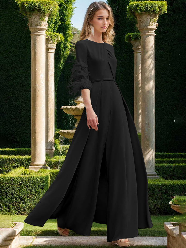 Jewel Neck Half Sleeves Ankle-Length Mother Of The Bride Pantsuits With Feathers