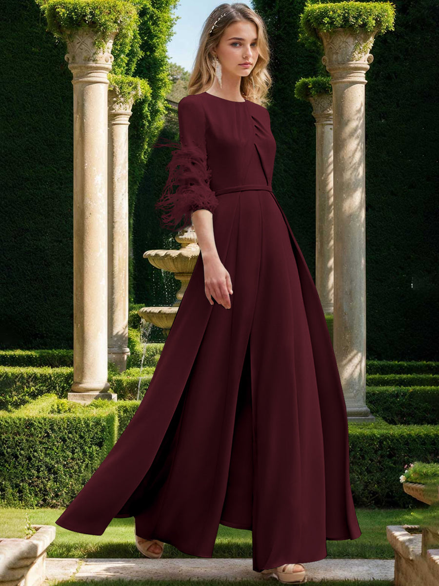 Jewel Neck Half Sleeves Ankle-Length Mother Of The Bride Pantsuits With Feathers
