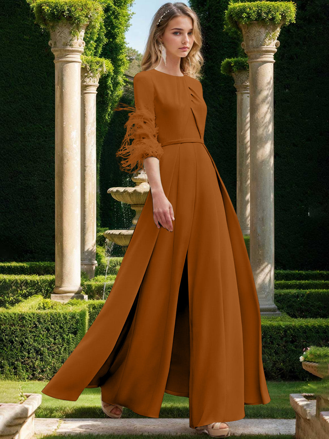 Jewel Neck Half Sleeves Ankle-Length Mother Of The Bride Pantsuits With Feathers