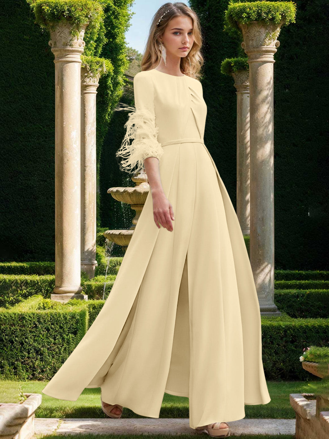 Jewel Neck Half Sleeves Ankle-Length Mother Of The Bride Pantsuits With Feathers