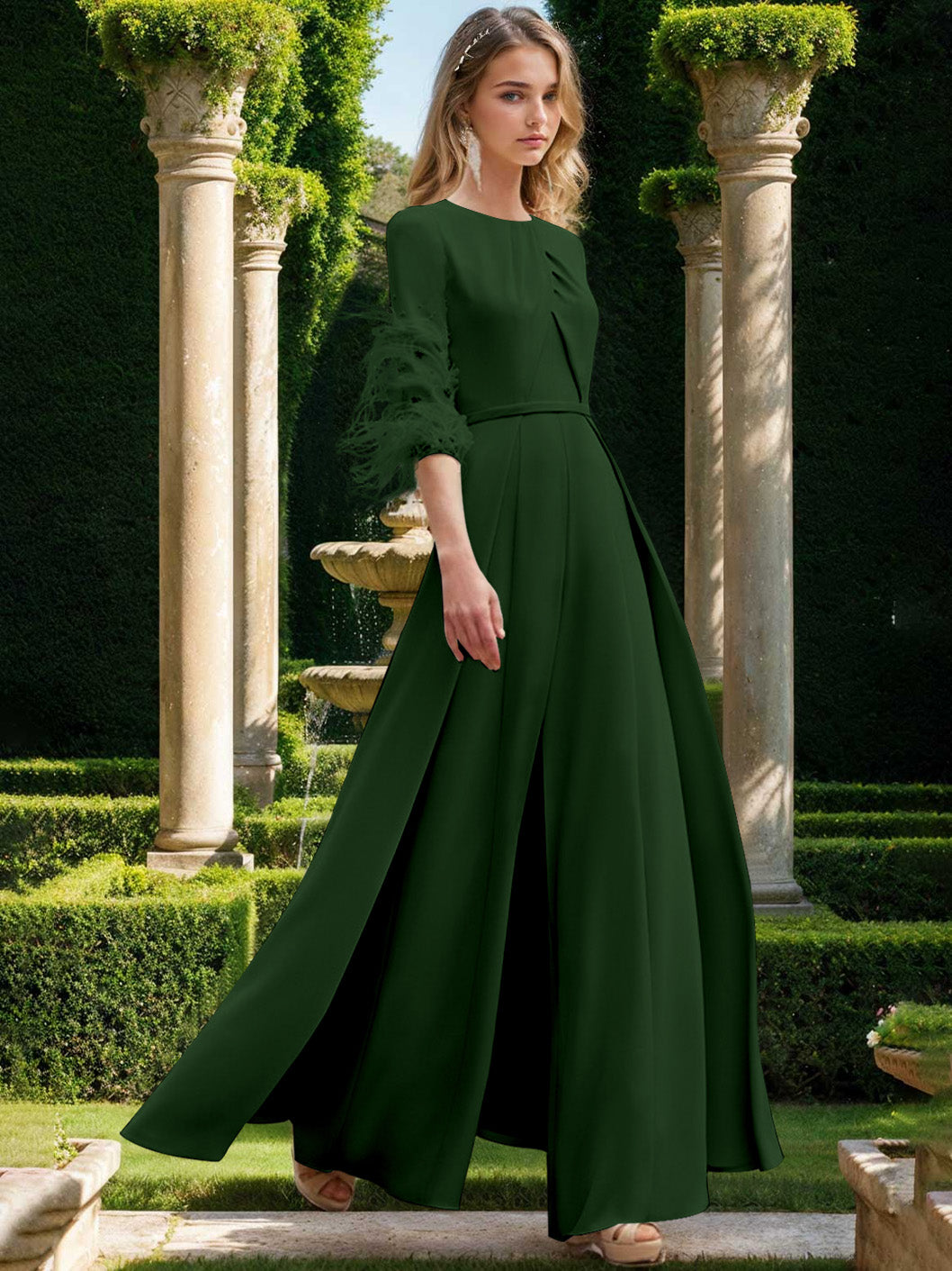 Jewel Neck Half Sleeves Ankle-Length Mother Of The Bride Pantsuits With Feathers