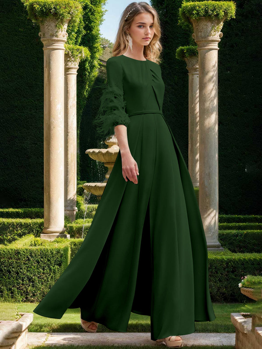Jewel Neck Half Sleeves Ankle-Length Mother Of The Bride Pantsuits With Feathers