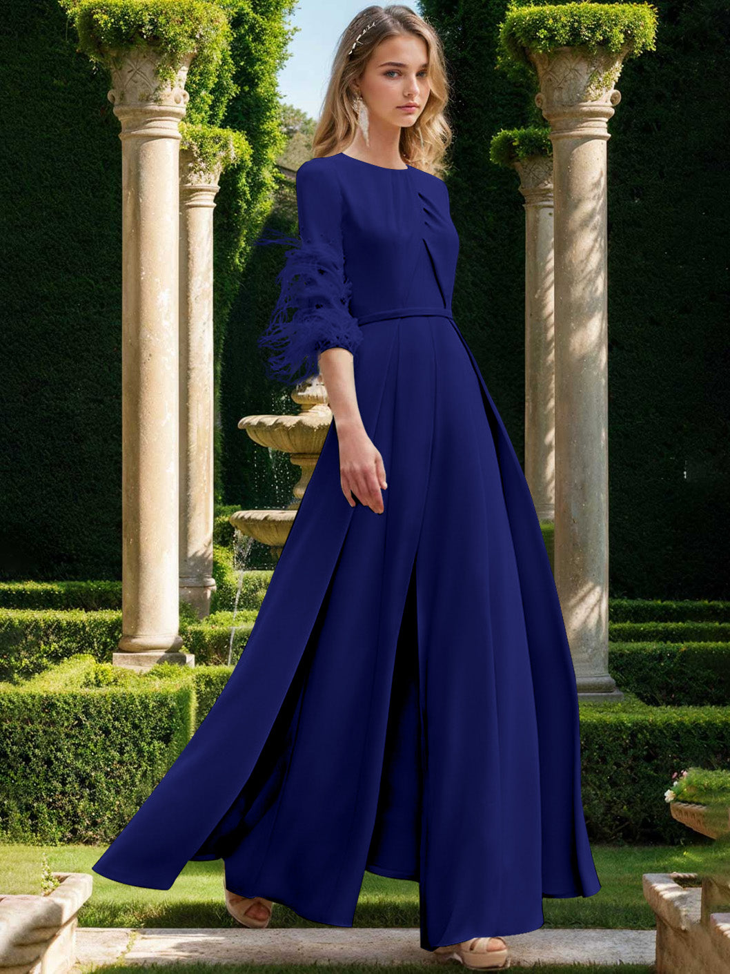 Jewel Neck Half Sleeves Ankle-Length Mother Of The Bride Pantsuits With Feathers