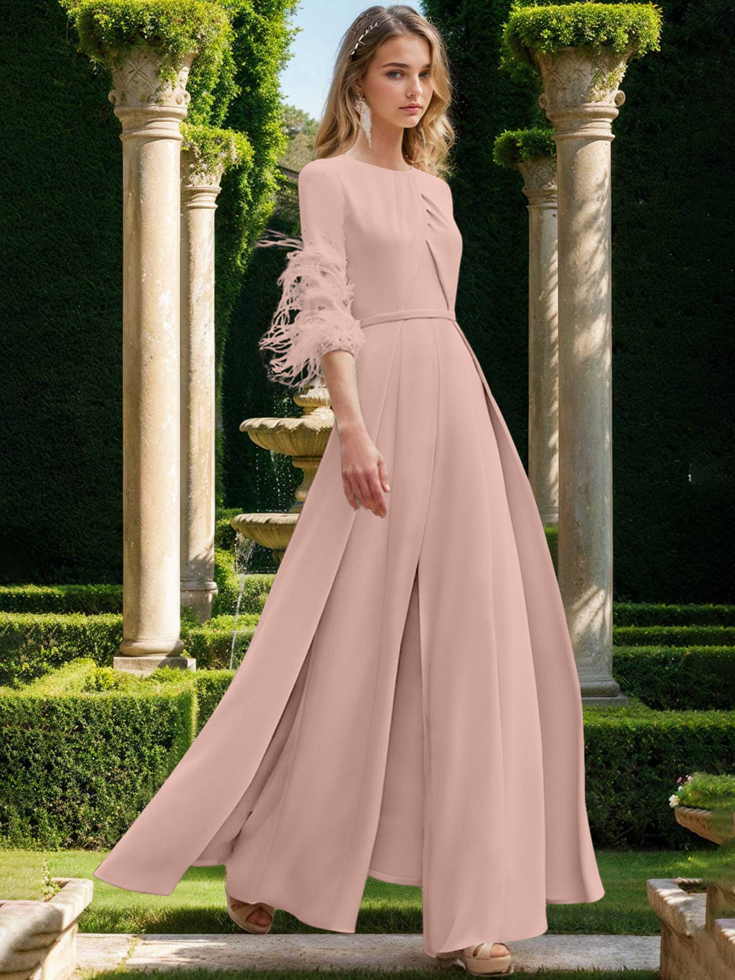 Jewel Neck Half Sleeves Ankle-Length Mother Of The Bride Pantsuits With Feathers