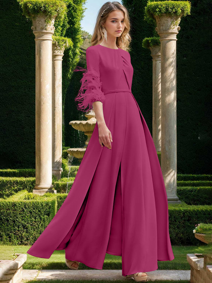 Jewel Neck Half Sleeves Ankle-Length Mother Of The Bride Pantsuits With Feathers