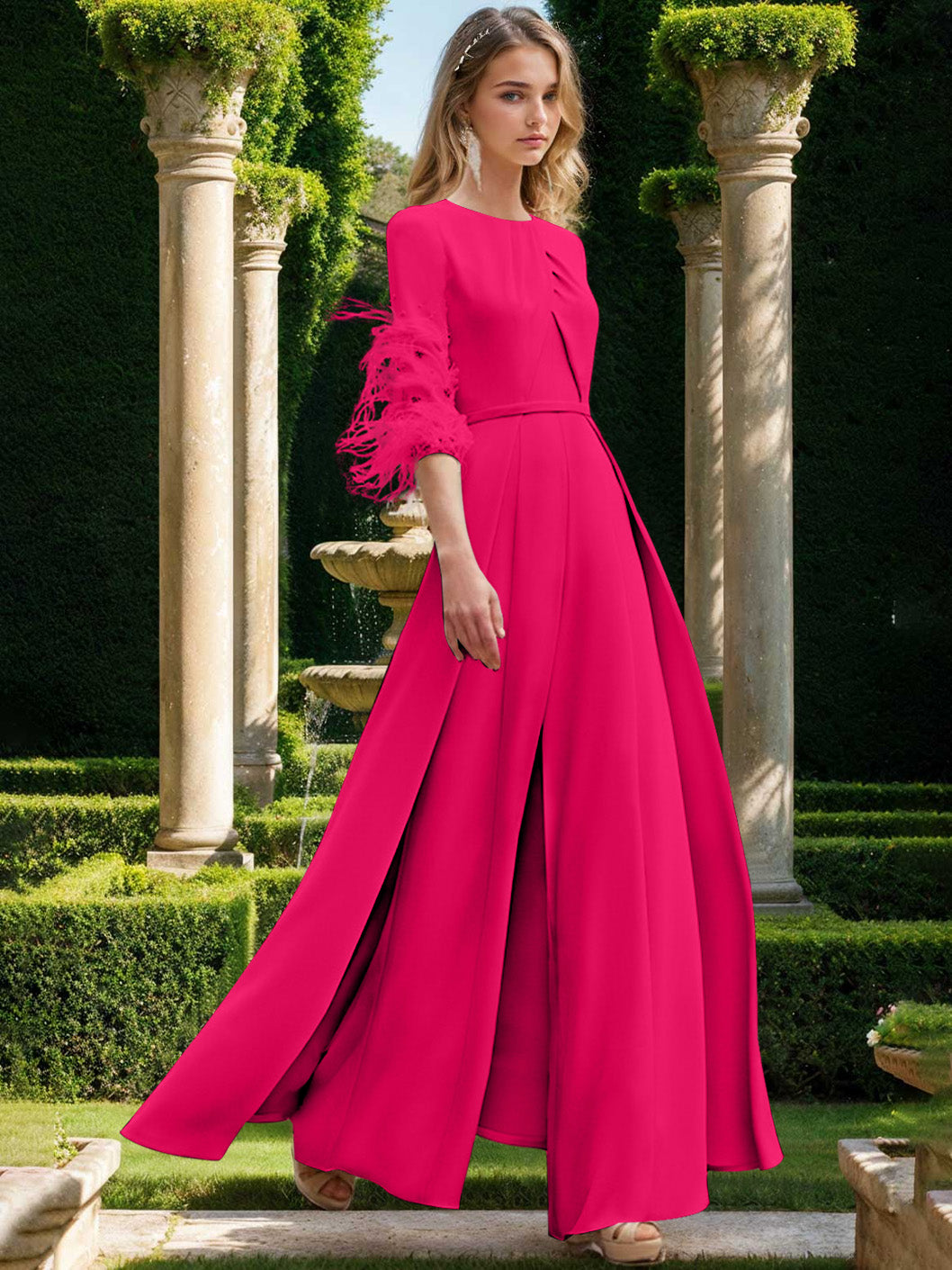 Jewel Neck Half Sleeves Ankle-Length Mother Of The Bride Pantsuits With Feathers