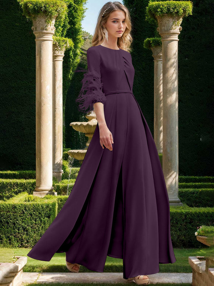 Jewel Neck Half Sleeves Ankle-Length Mother Of The Bride Pantsuits With Feathers