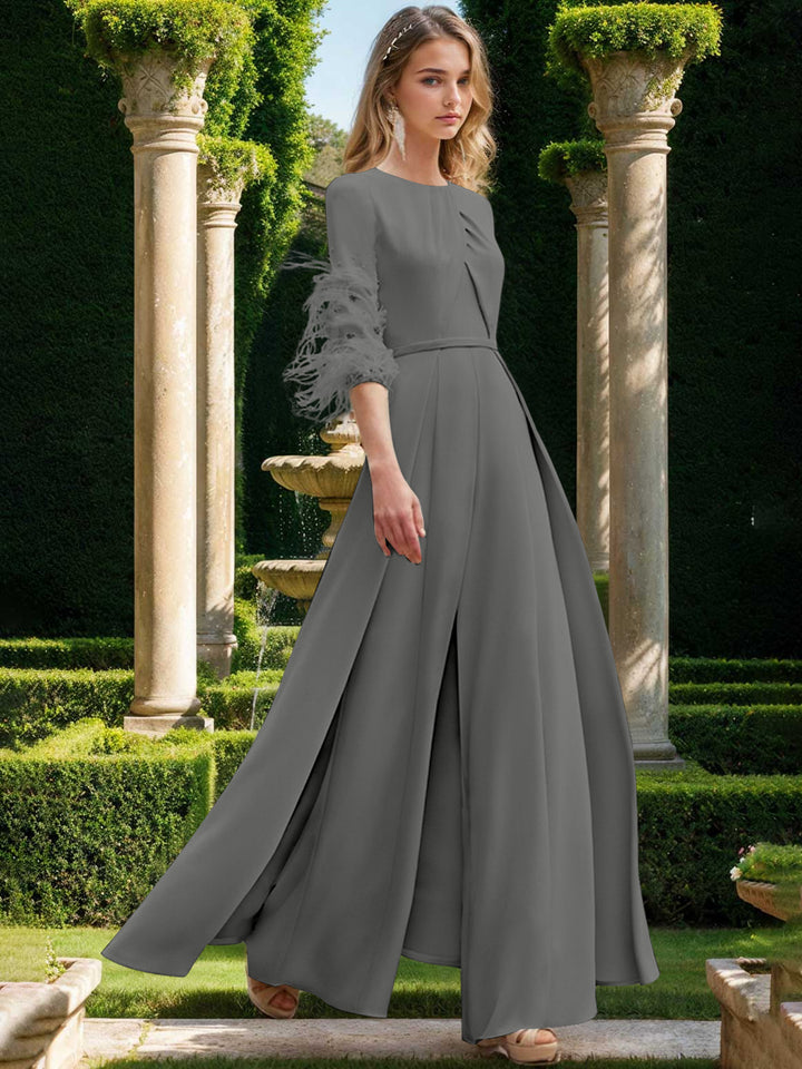 Jewel Neck Half Sleeves Ankle-Length Mother Of The Bride Pantsuits With Feathers