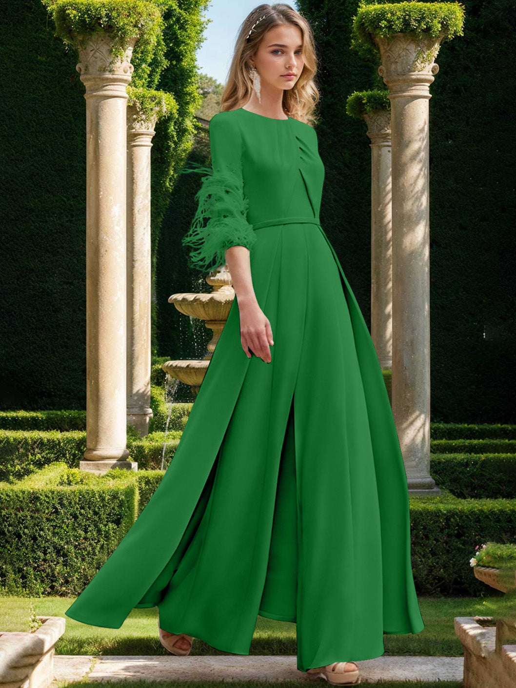 Jewel Neck Half Sleeves Ankle-Length Mother Of The Bride Pantsuits With Feathers