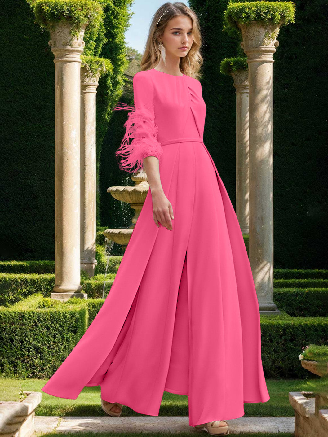 Jewel Neck Half Sleeves Ankle-Length Mother Of The Bride Pantsuits With Feathers