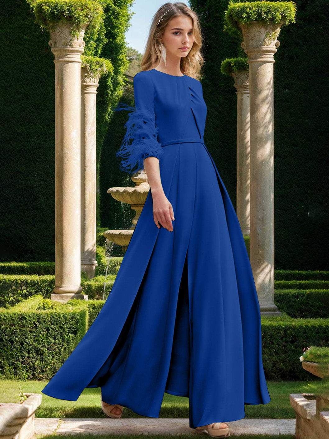 Jewel Neck Half Sleeves Ankle-Length Mother Of The Bride Pantsuits With Feathers