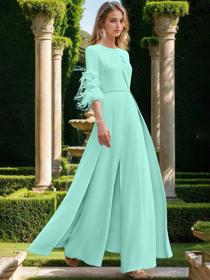 Jewel Neck Half Sleeves Ankle-Length Mother Of The Bride Pantsuits With Feathers