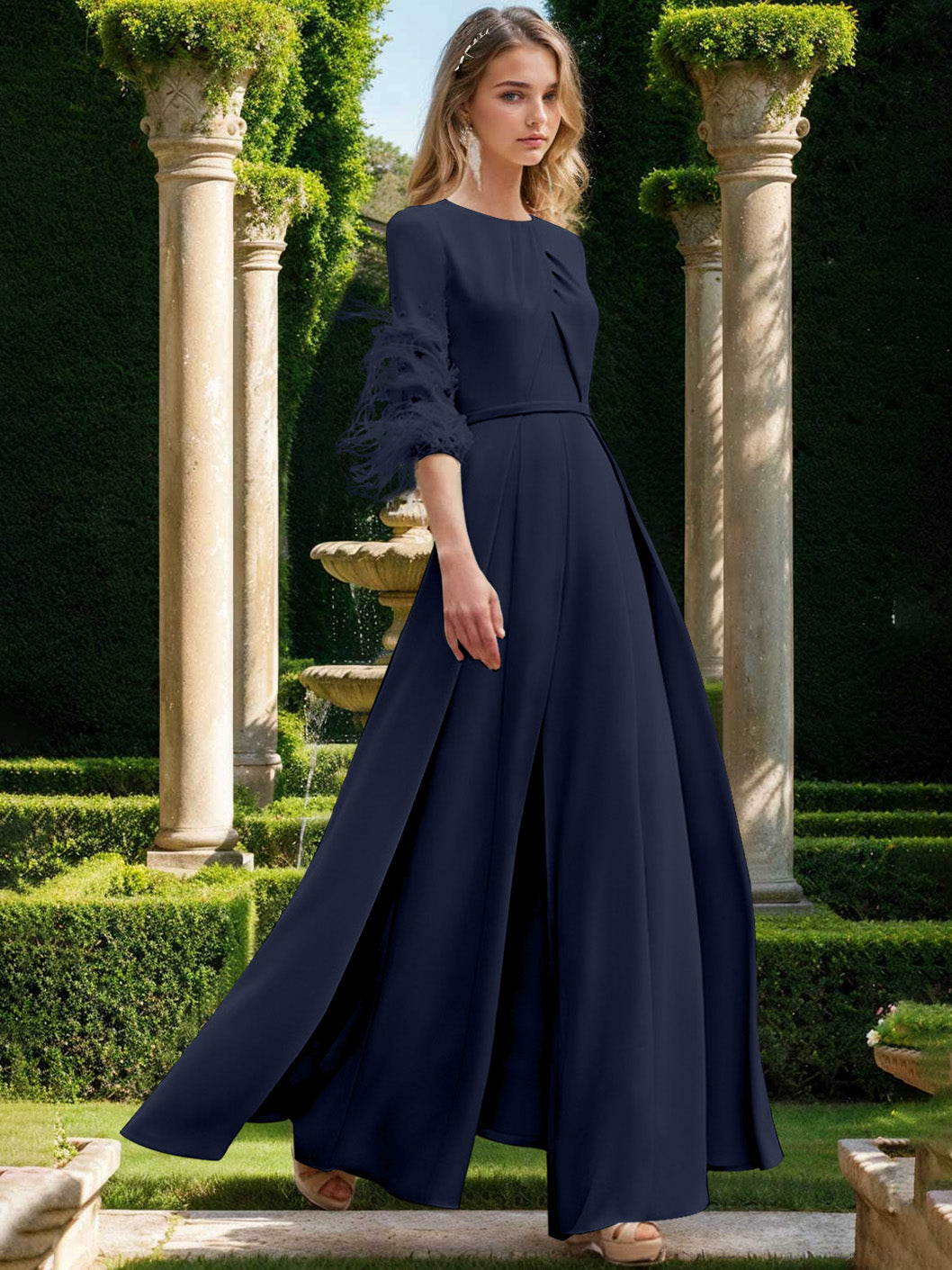 Jewel Neck Half Sleeves Ankle-Length Mother Of The Bride Pantsuits With Feathers