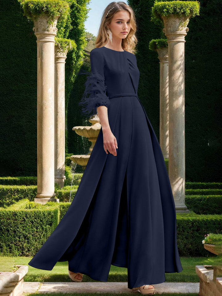 Jewel Neck Half Sleeves Ankle-Length Mother Of The Bride Pantsuits With Feathers