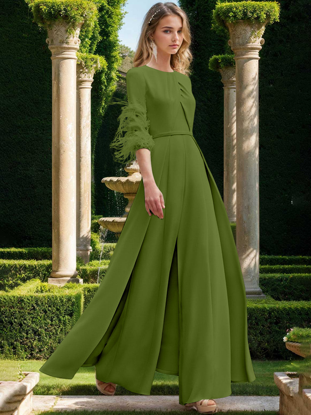 Jewel Neck Half Sleeves Ankle-Length Mother Of The Bride Pantsuits With Feathers
