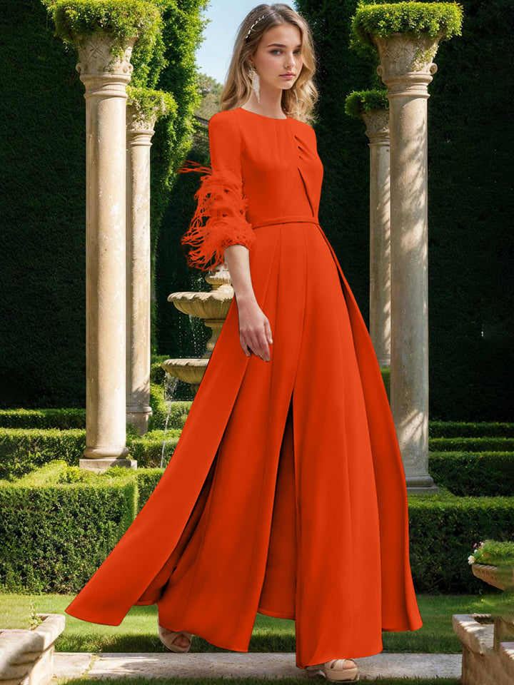 Jewel Neck Half Sleeves Ankle-Length Mother Of The Bride Pantsuits With Feathers