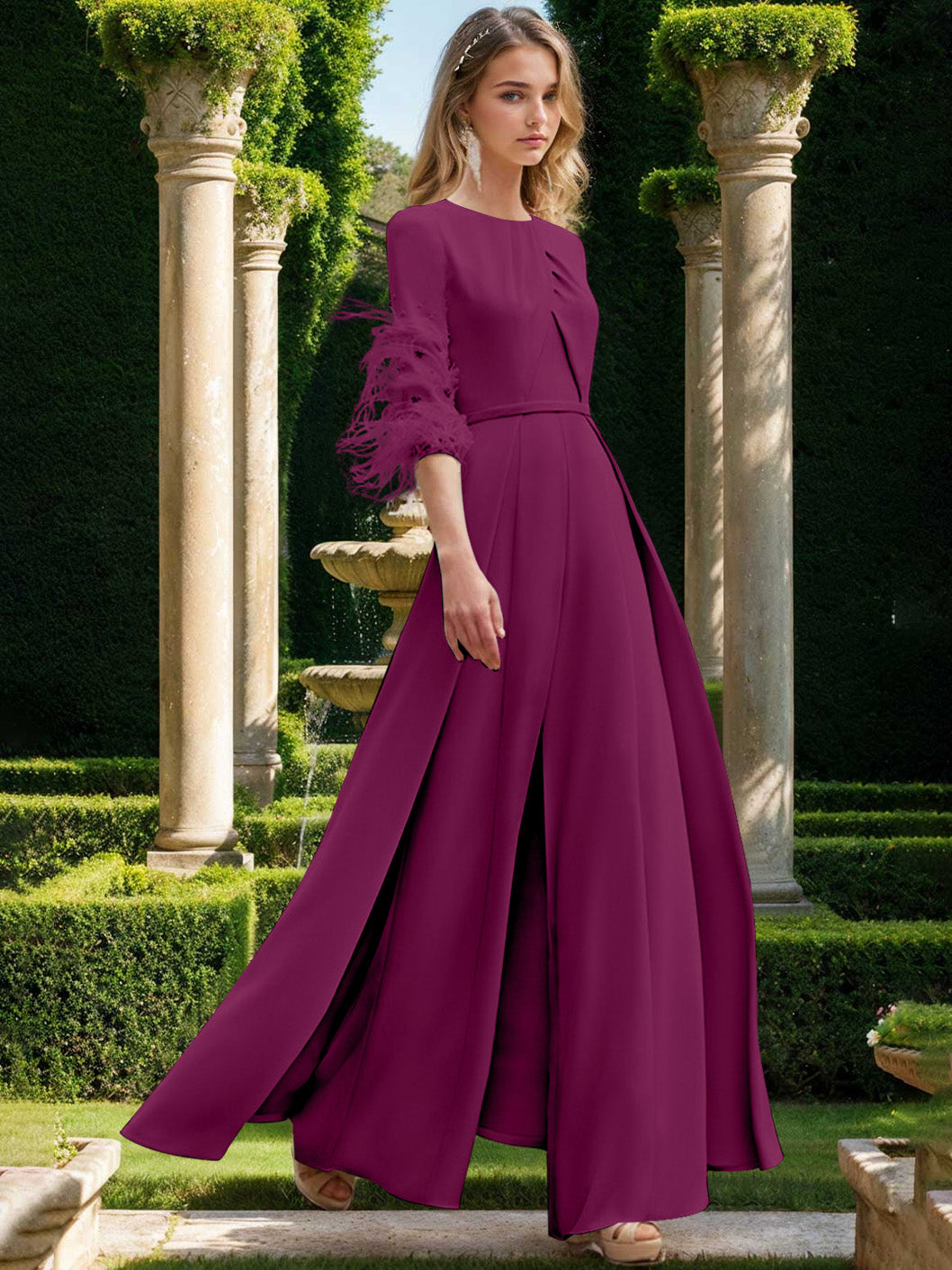 Jewel Neck Half Sleeves Ankle-Length Mother Of The Bride Pantsuits With Feathers