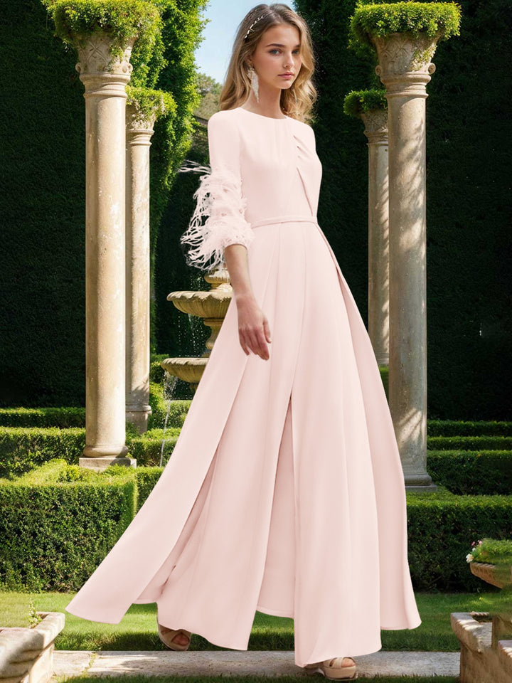 Jewel Neck Half Sleeves Ankle-Length Mother Of The Bride Pantsuits With Feathers