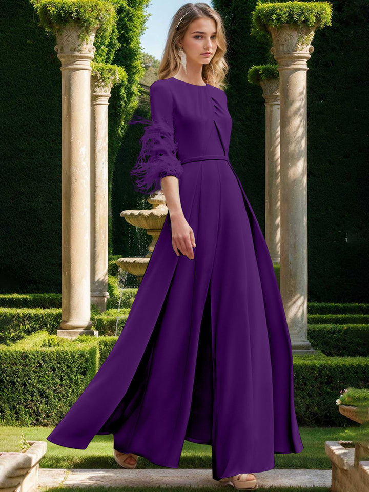 Jewel Neck Half Sleeves Ankle-Length Mother Of The Bride Pantsuits With Feathers