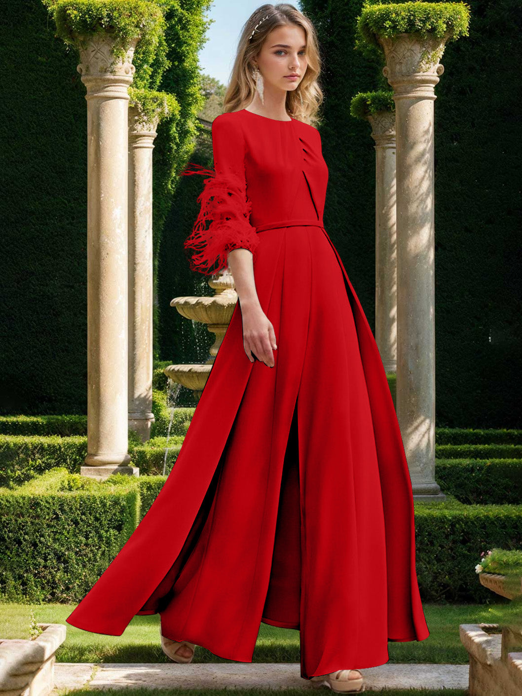 Jewel Neck Half Sleeves Ankle-Length Mother Of The Bride Pantsuits With Feathers