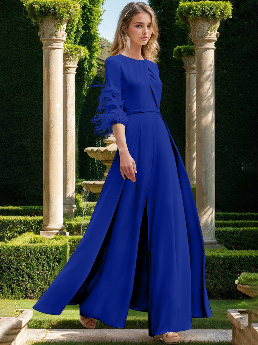 Jewel Neck Half Sleeves Ankle-Length Mother Of The Bride Pantsuits With Feathers