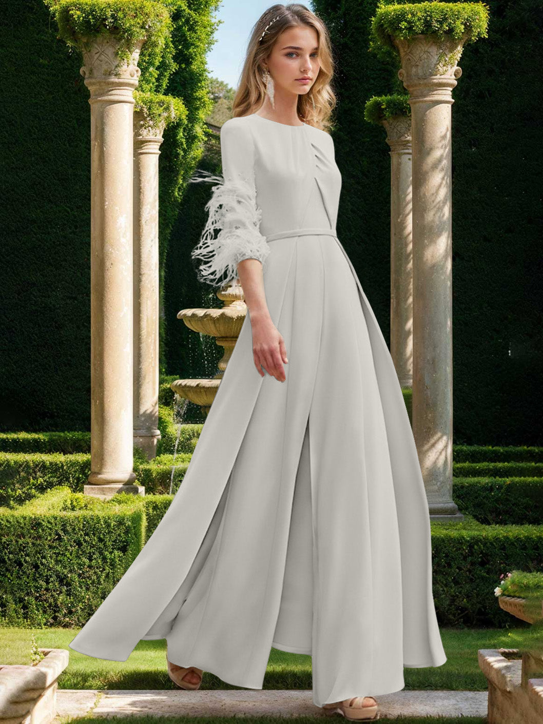 mother of bride white dress Jewel Neck Half Sleeves Ankle-Length Mother Of The Bride Pantsuits With Feathers Silver