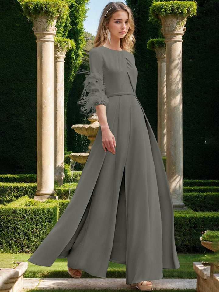 Jewel Neck Half Sleeves Ankle-Length Mother Of The Bride Pantsuits With Feathers