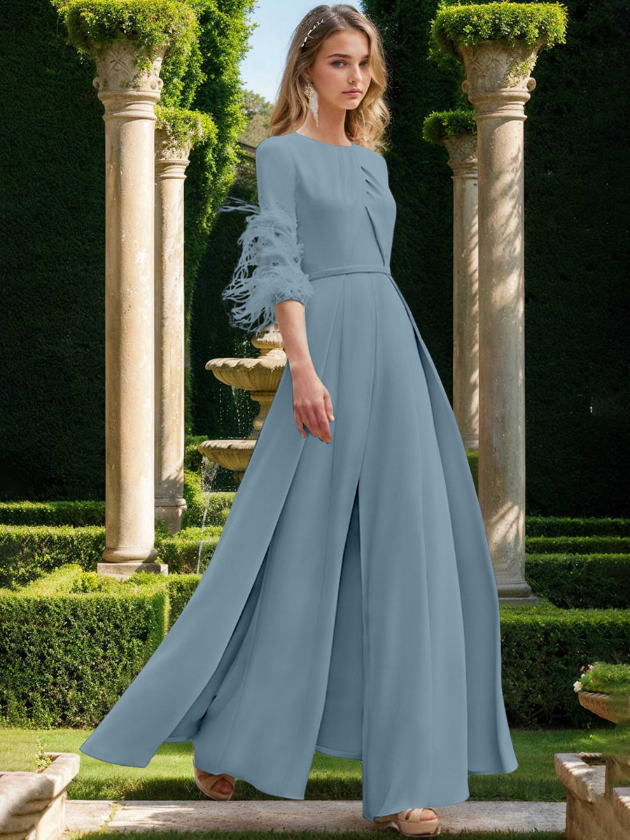 Jewel Neck Half Sleeves Ankle-Length Mother Of The Bride Pantsuits With Feathers