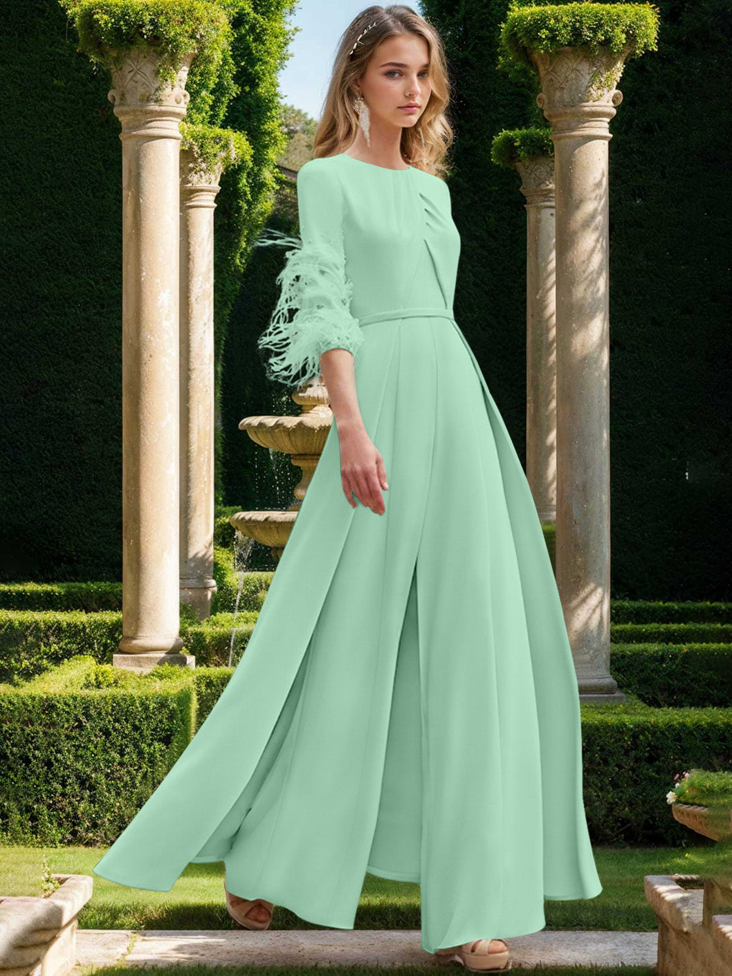 Jewel Neck Half Sleeves Ankle-Length Mother Of The Bride Pantsuits With Feathers