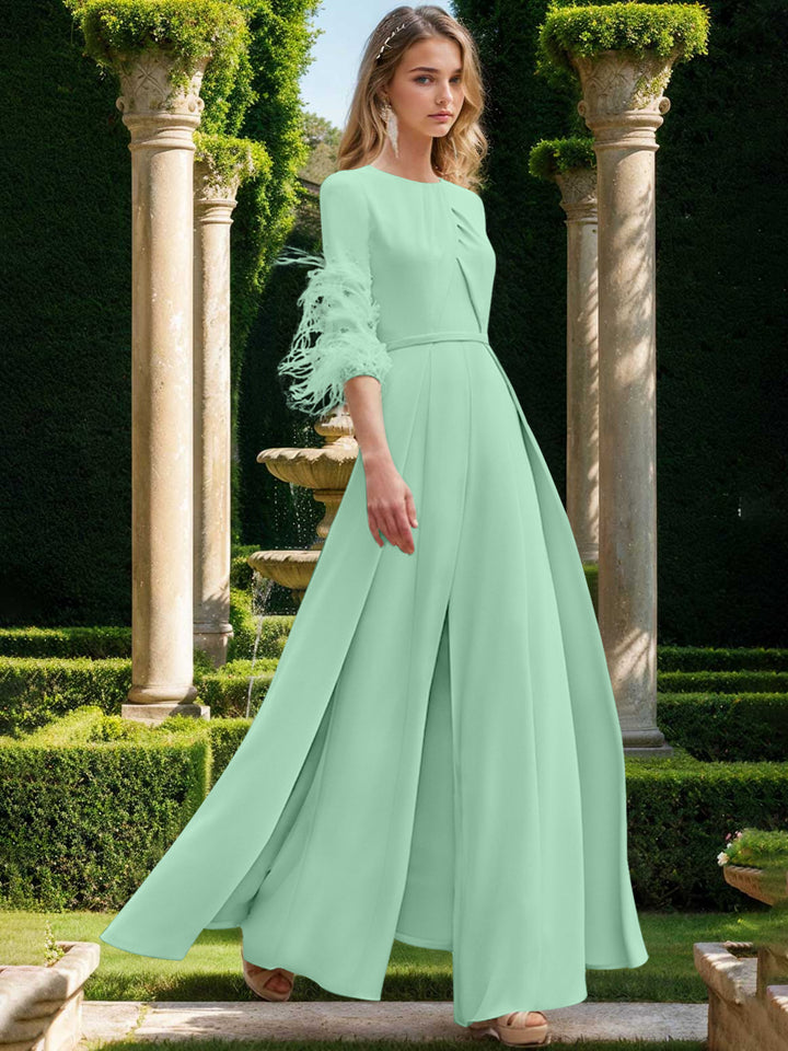 Jewel Neck Half Sleeves Ankle-Length Mother Of The Bride Pantsuits With Feathers