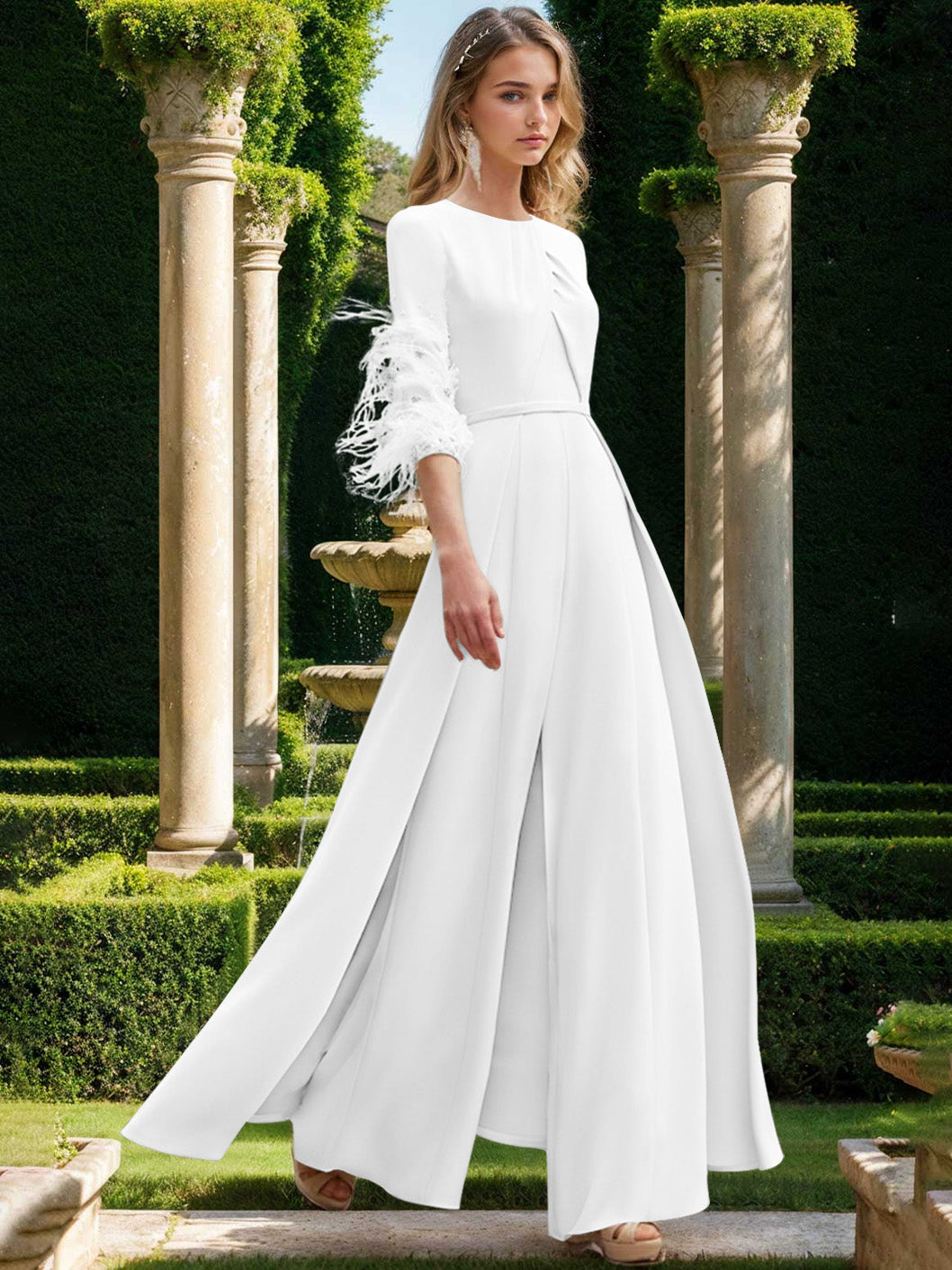 Jewel Neck Half Sleeves Ankle-Length Mother Of The Bride Pantsuits With Feathers White Jewel Neck Half Sleeves Ankle-Length Mother Of The Bride Pantsuits With Feathers White