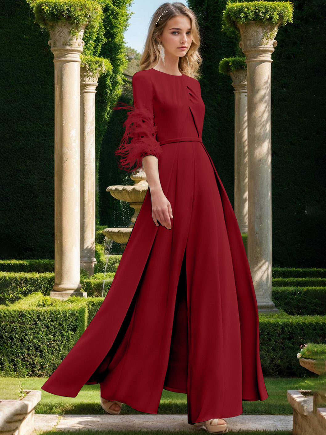 Jewel Neck Half Sleeves Ankle-Length Mother Of The Bride Pantsuits With Feathers