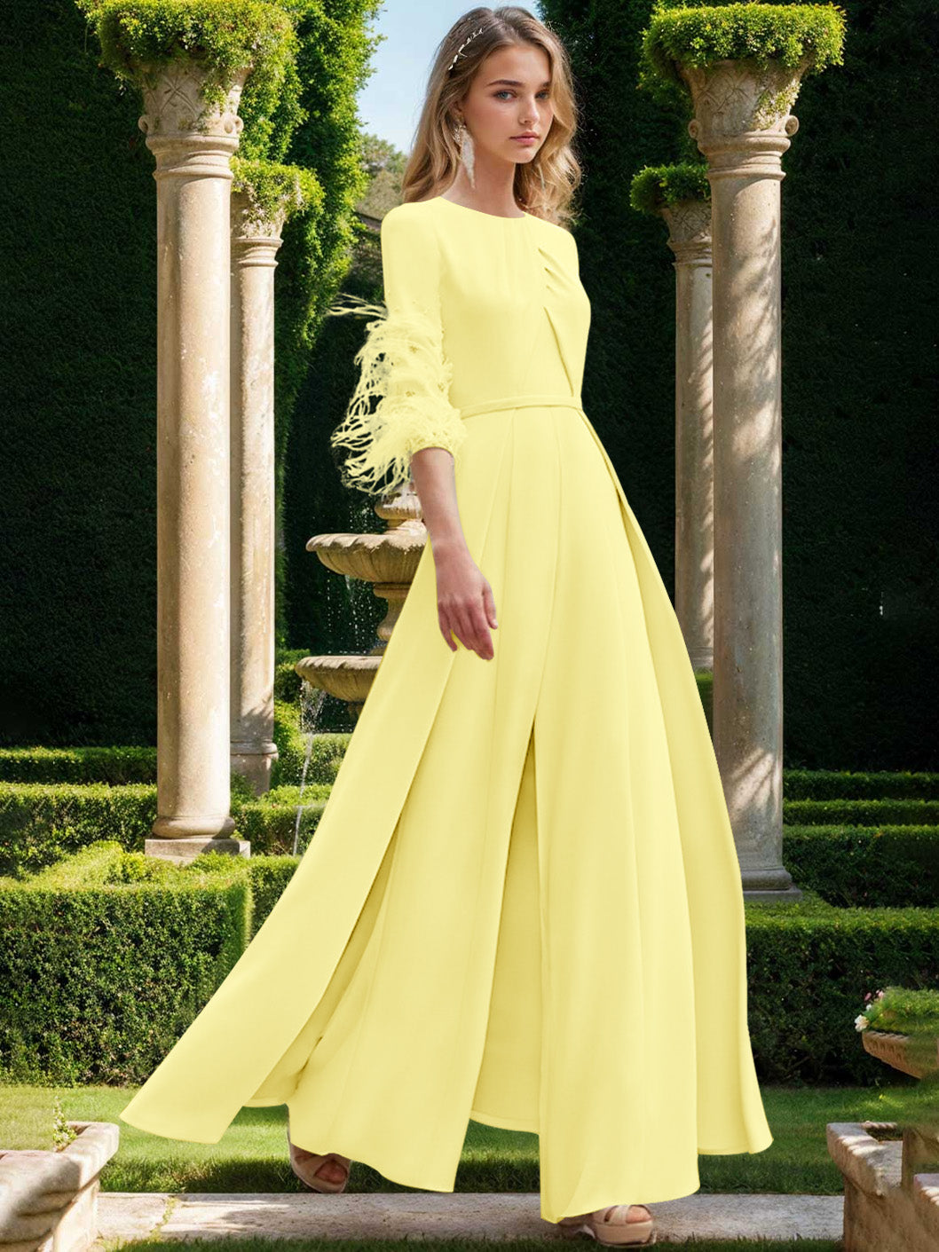 Jewel Neck Half Sleeves Ankle-Length Mother Of The Bride Pantsuits With Feathers